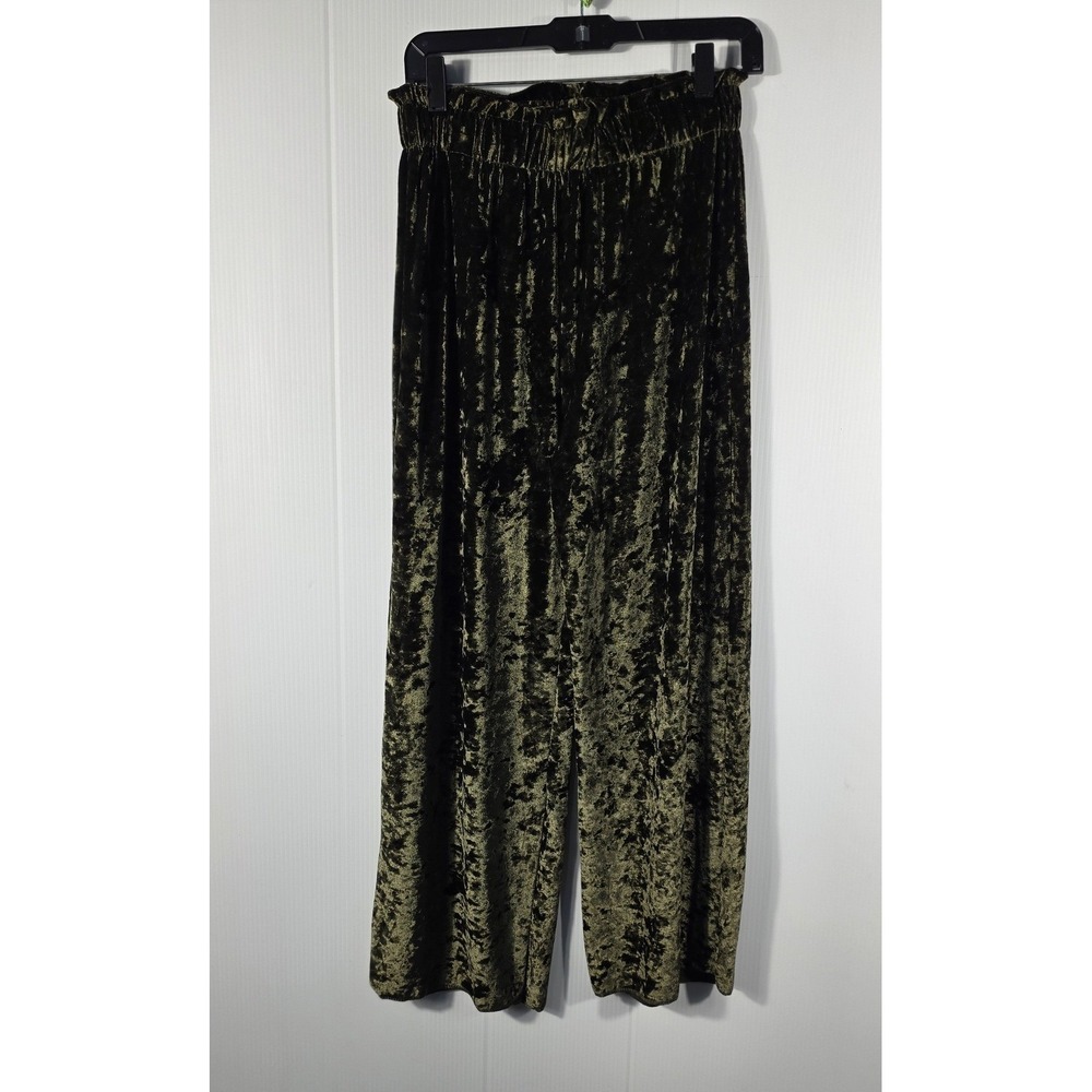 NEW C-Mode‎ Women Olive Green Crushed Velvet Wide Leg High Waist Retro Pants - Picture 2 of 8